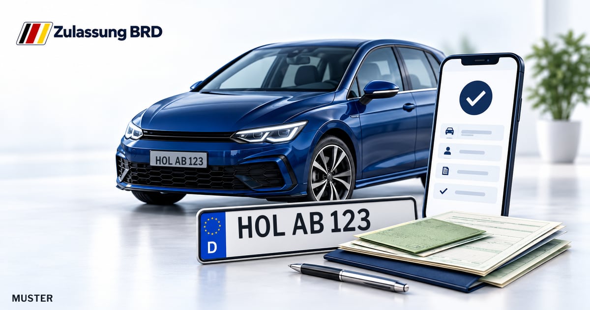 Online Fahrzeugzulassung in Holzminden: Musterkennzeichen HOL AB 123, Auto und Fahrzeugpapiere und Smartphone. Illustration mit Logo von Zulassung BRD.